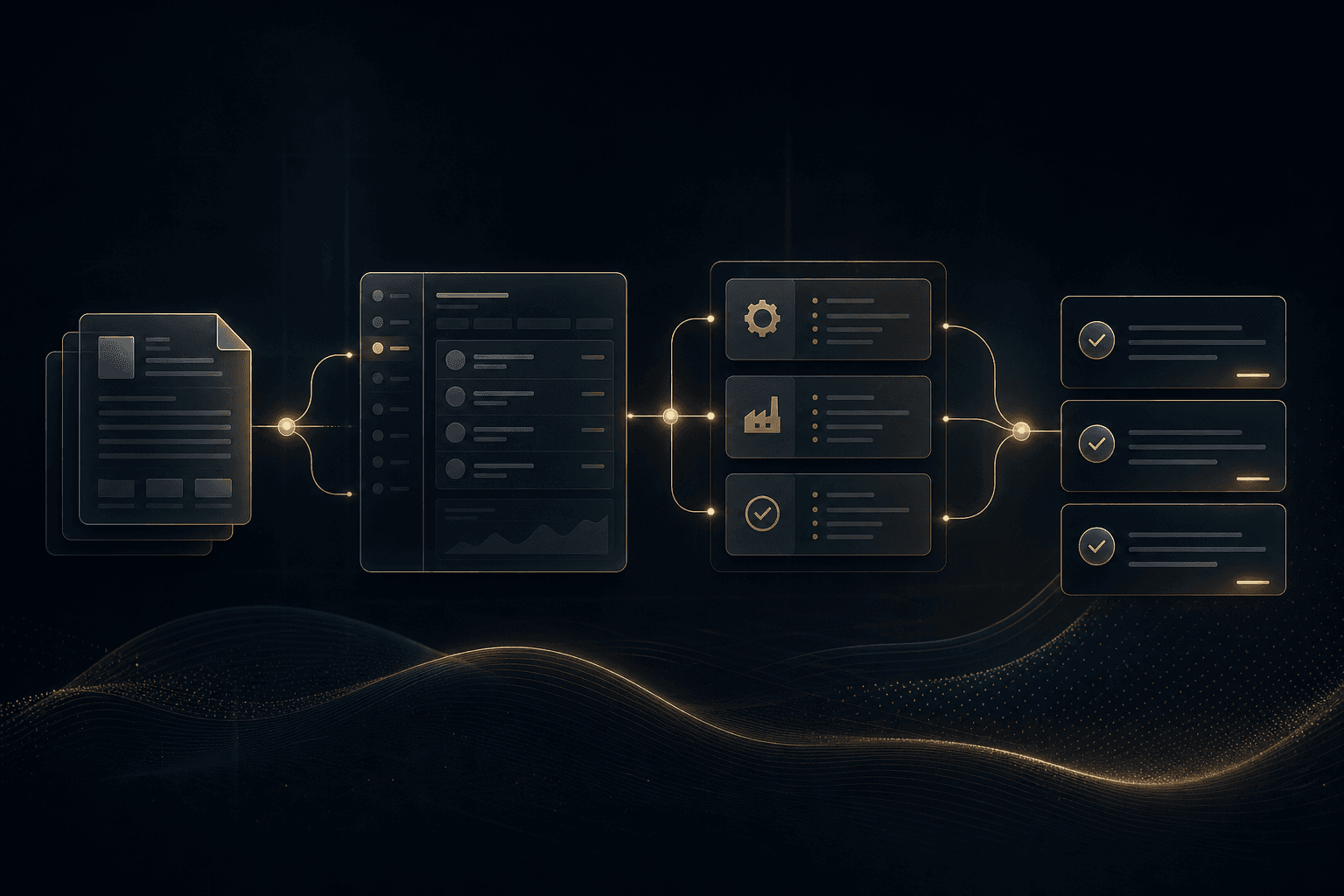 Abstract workflow moving from scattered company records to clear approved answers